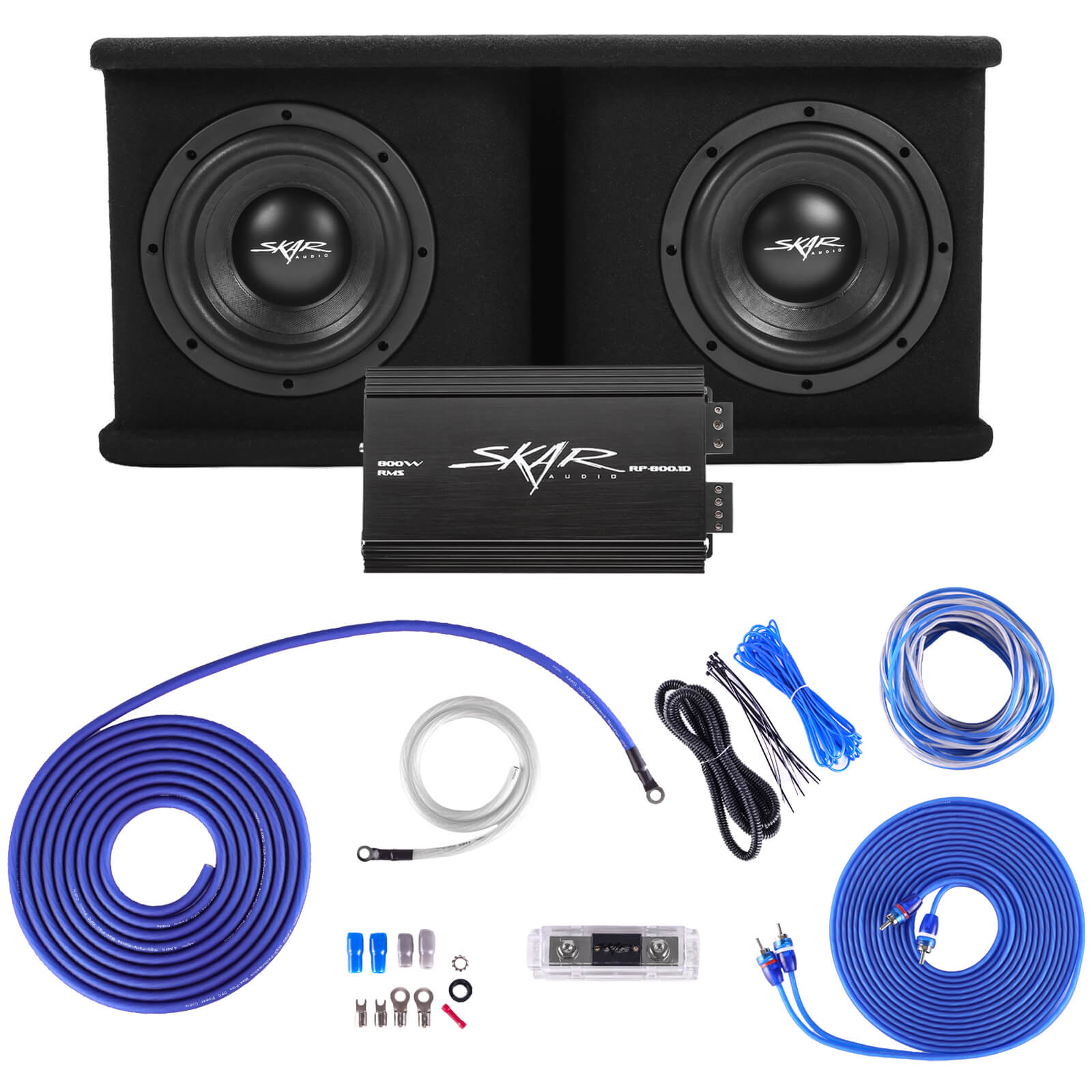 Skar Audio BNDLE-SDR-2X8D4-RP-800.1D-SKAR4ANL-OFC Complete Bass Package - Dual 8" Loaded Subwoofer Enclosure with Amplifier and Wiring Kit - Main Image