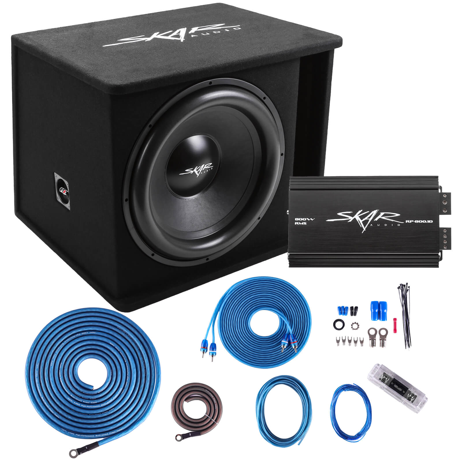 Skar Audio Single SDR 18" 1,200 Watt Loaded Sub Box and Amplifier - Package View